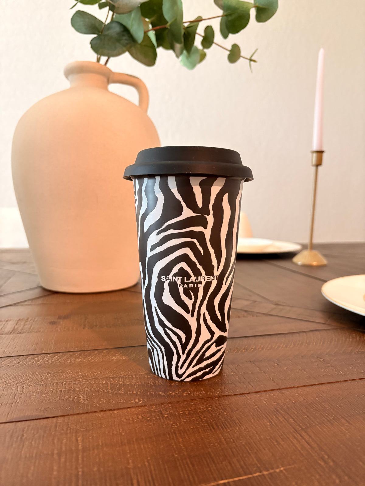 SAINT LAURENT PARIS ZEBRA CERAMIC TRAVEL MUG
