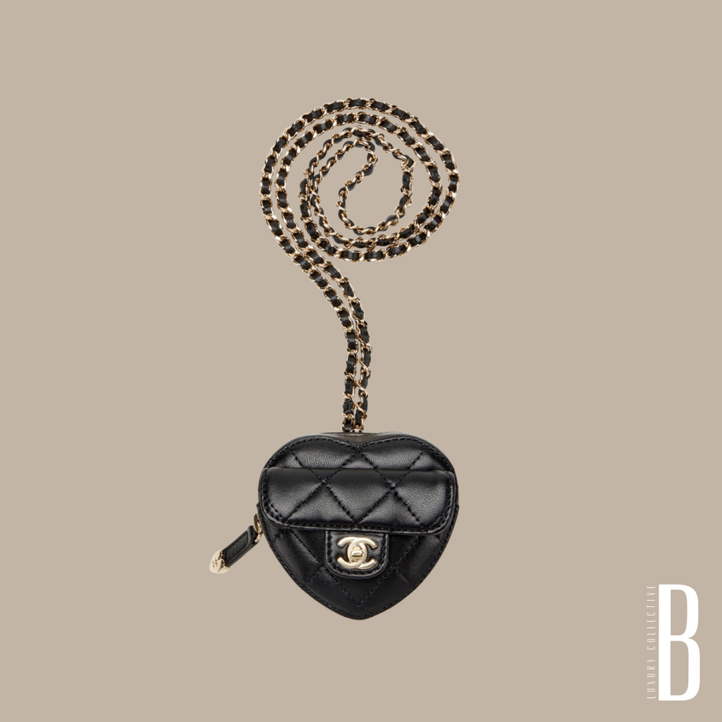 Chanel Mini Black Quilted Lambskin Heart Zipped Coin Purse Necklace