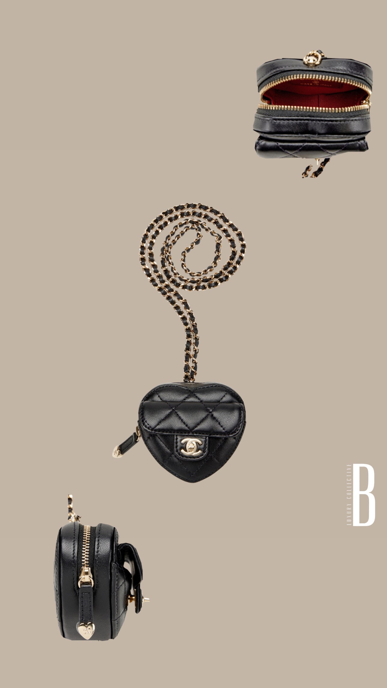 Chanel Mini Black Quilted Lambskin Heart Zipped Coin Purse Necklace