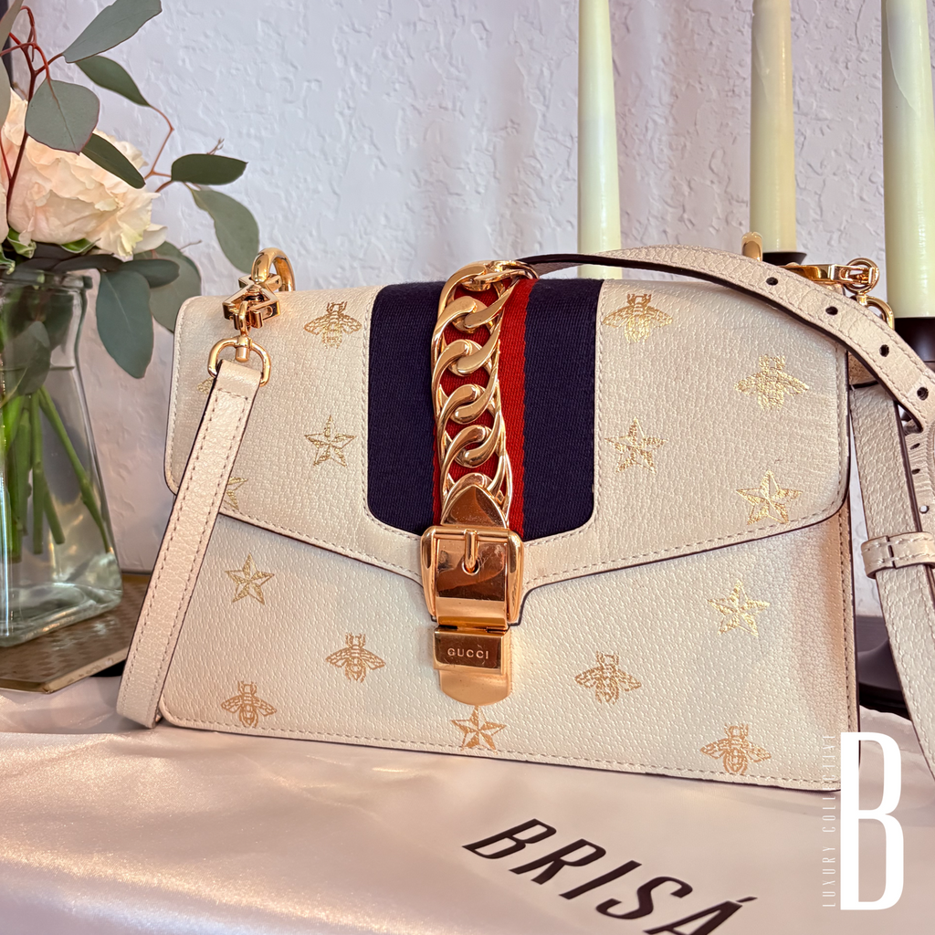 Gucci Textured Calfskin Bee Star Print Small Sylvie Shoulder Bag Mystic White