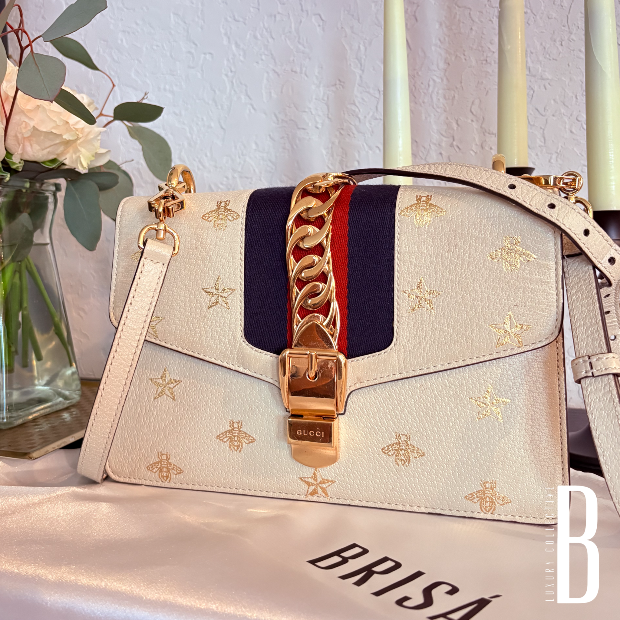 Gucci Textured Calfskin Bee Star Print Small Sylvie Shoulder Bag Mystic White