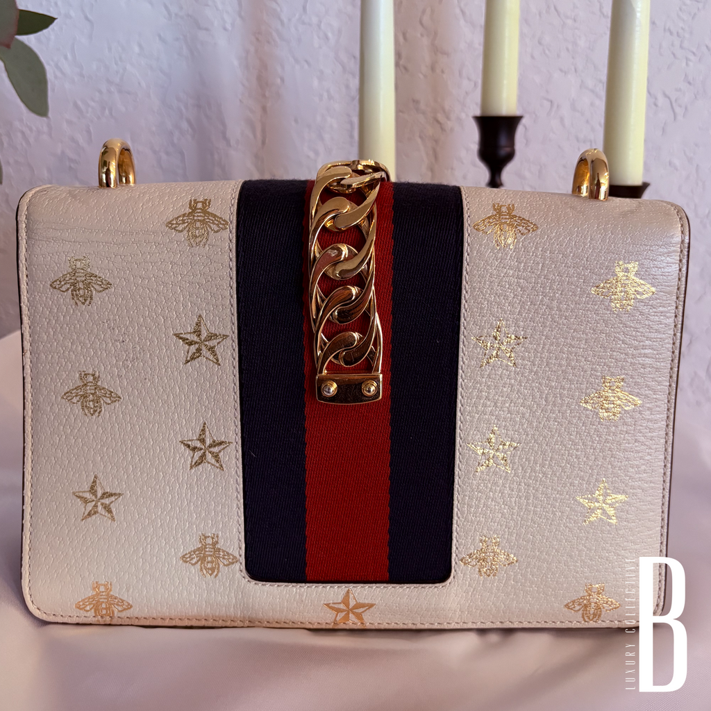 Gucci Textured Calfskin Bee Star Print Small Sylvie Shoulder Bag Mystic White