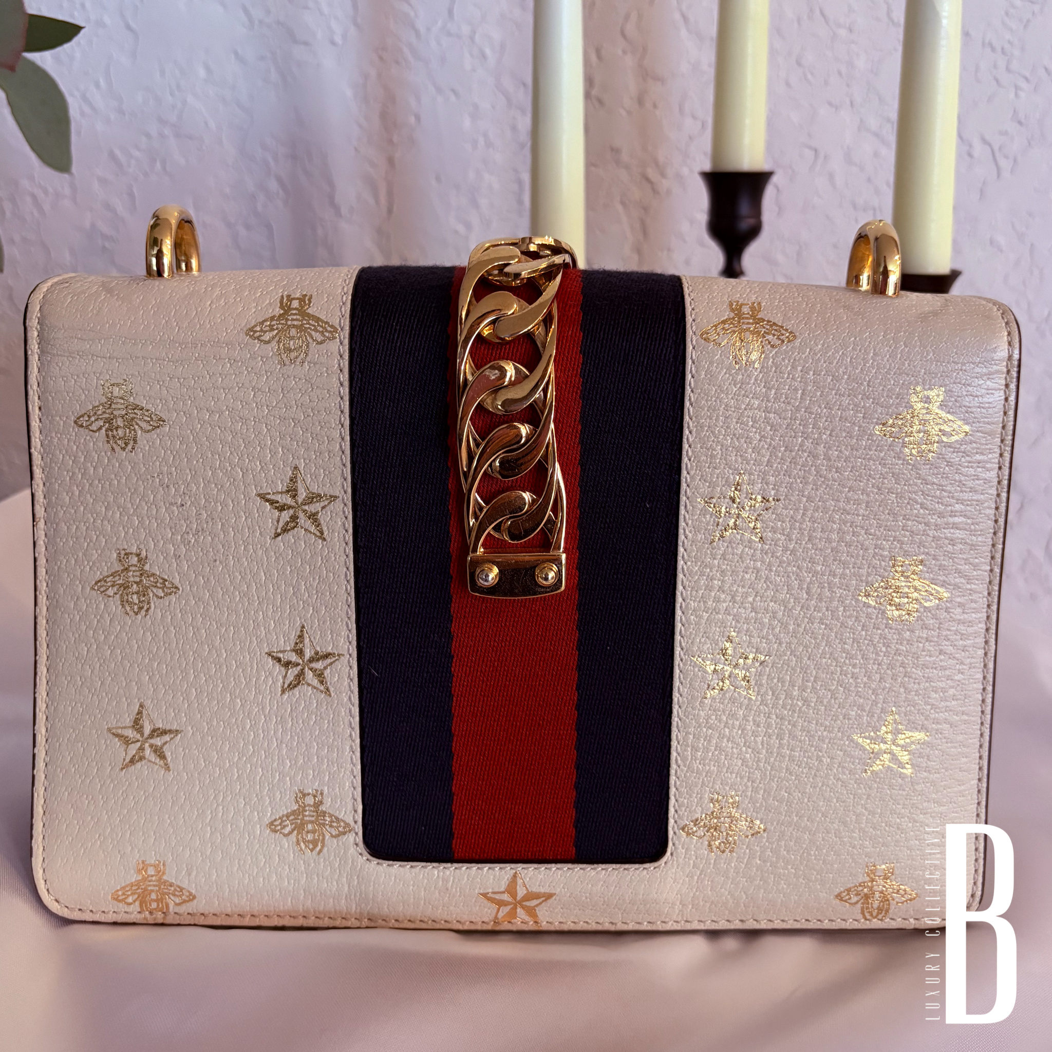 Gucci Textured Calfskin Bee Star Print Small Sylvie Shoulder Bag Mystic White